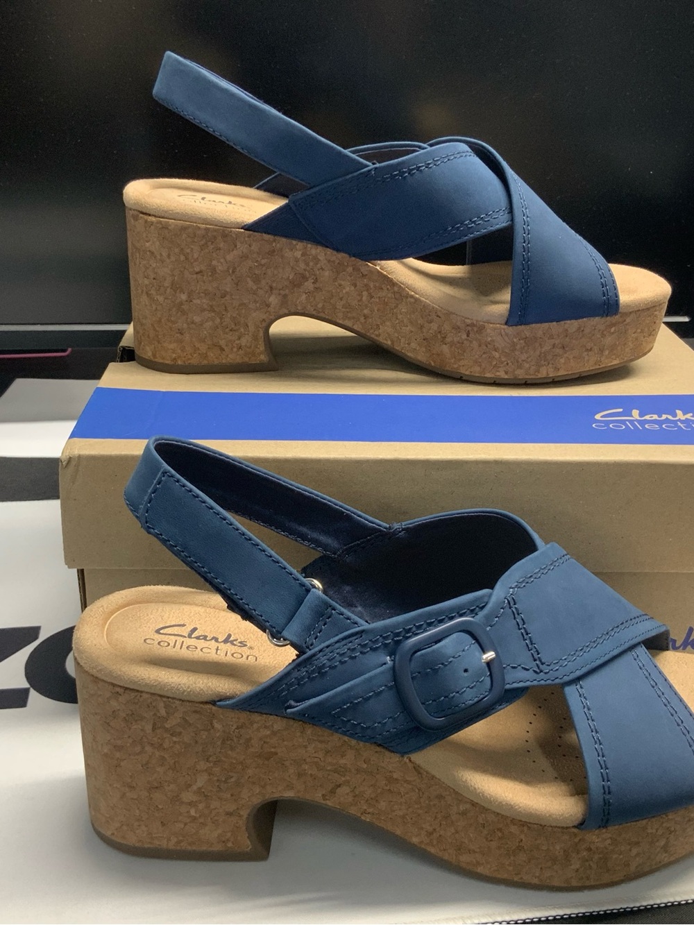 Clarks Blue Leather Cork Wedge Sandals